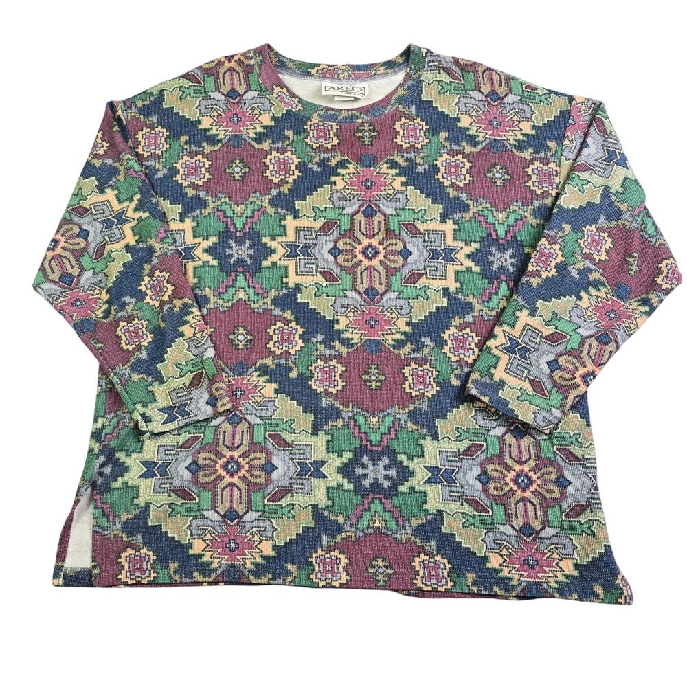 Vintage 80s 90s Aztec Artsy Knit Top Womens Large Southwestern Cottage Boho Areo
